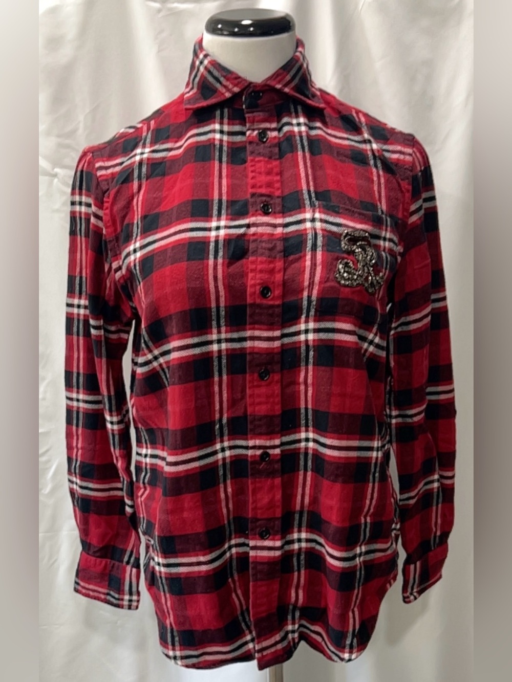 Polo Ralph Lauren Women’s Red Plaid Flannel Shirt M Beaded RL Crest Embellished